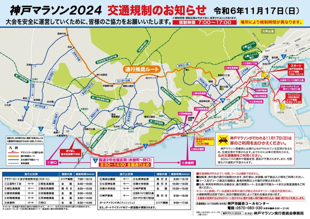 神戸マラソン 交通規制 通行止め 神戸市バス 運休 