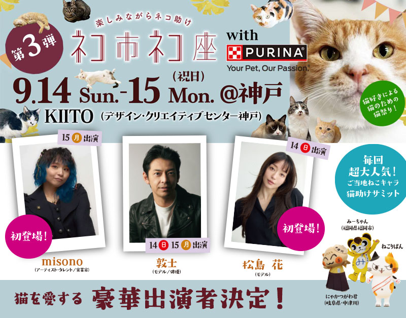 保護猫 イベント 神戸 デザイン・クリエイティブセンター神戸 KIITO ネコ市ネコ座 misono 敦士 松島花 ネコ 猫