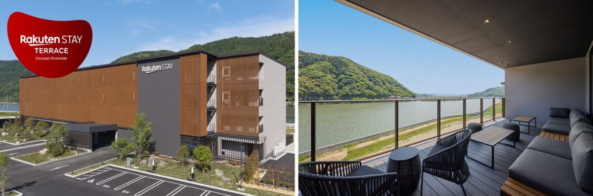 円山川沿いに建つRakuten STAY TERRACE 城崎リバーサイドの外観とテラス