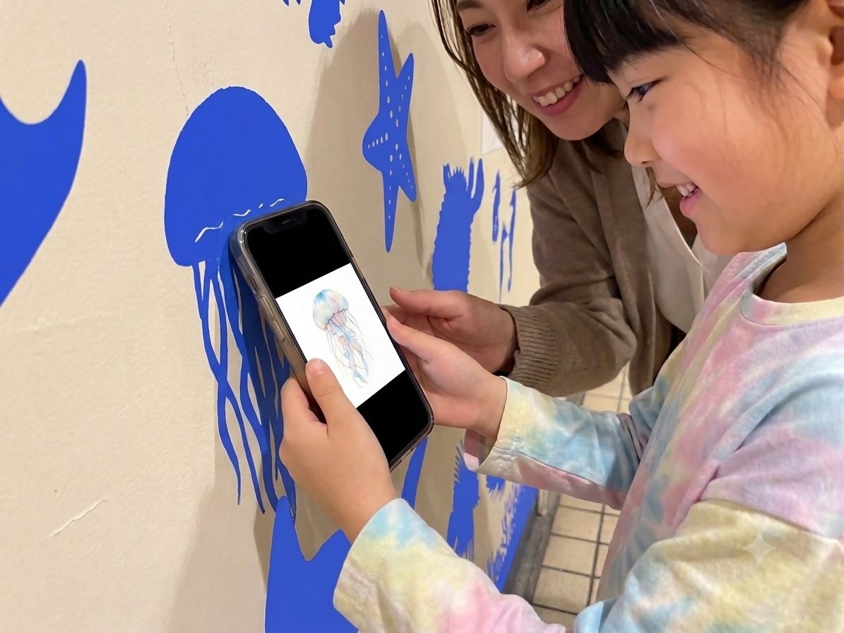 壁のクラゲにスマホをかざすと画面にクラゲの写真が表示される様子
