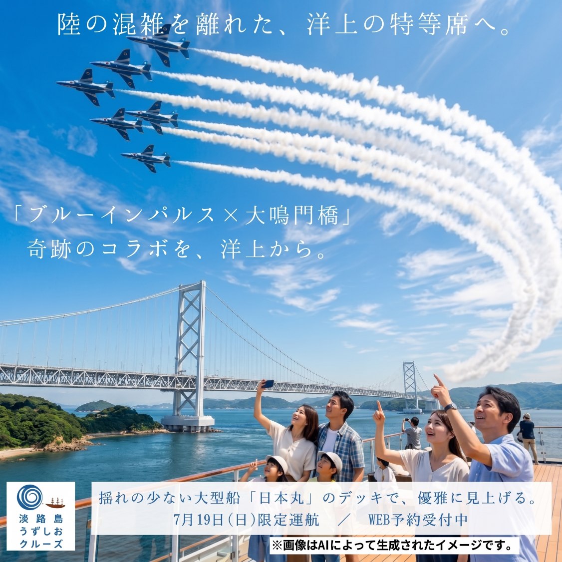 日本丸のデッキから大鳴門橋とブルーインパルスを見上げる様子