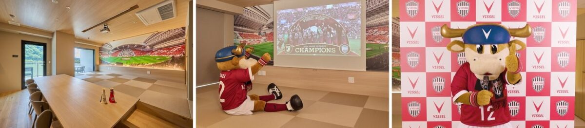 ヴィッセル神戸とコラボした客室とインタビューバックボード風ロールスクリーン