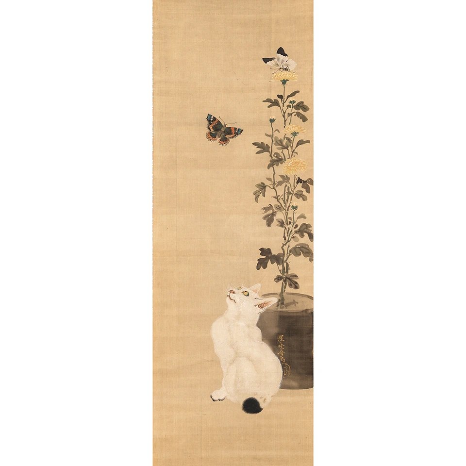 河鍋暁斎の絵画 蝶と菊に猫