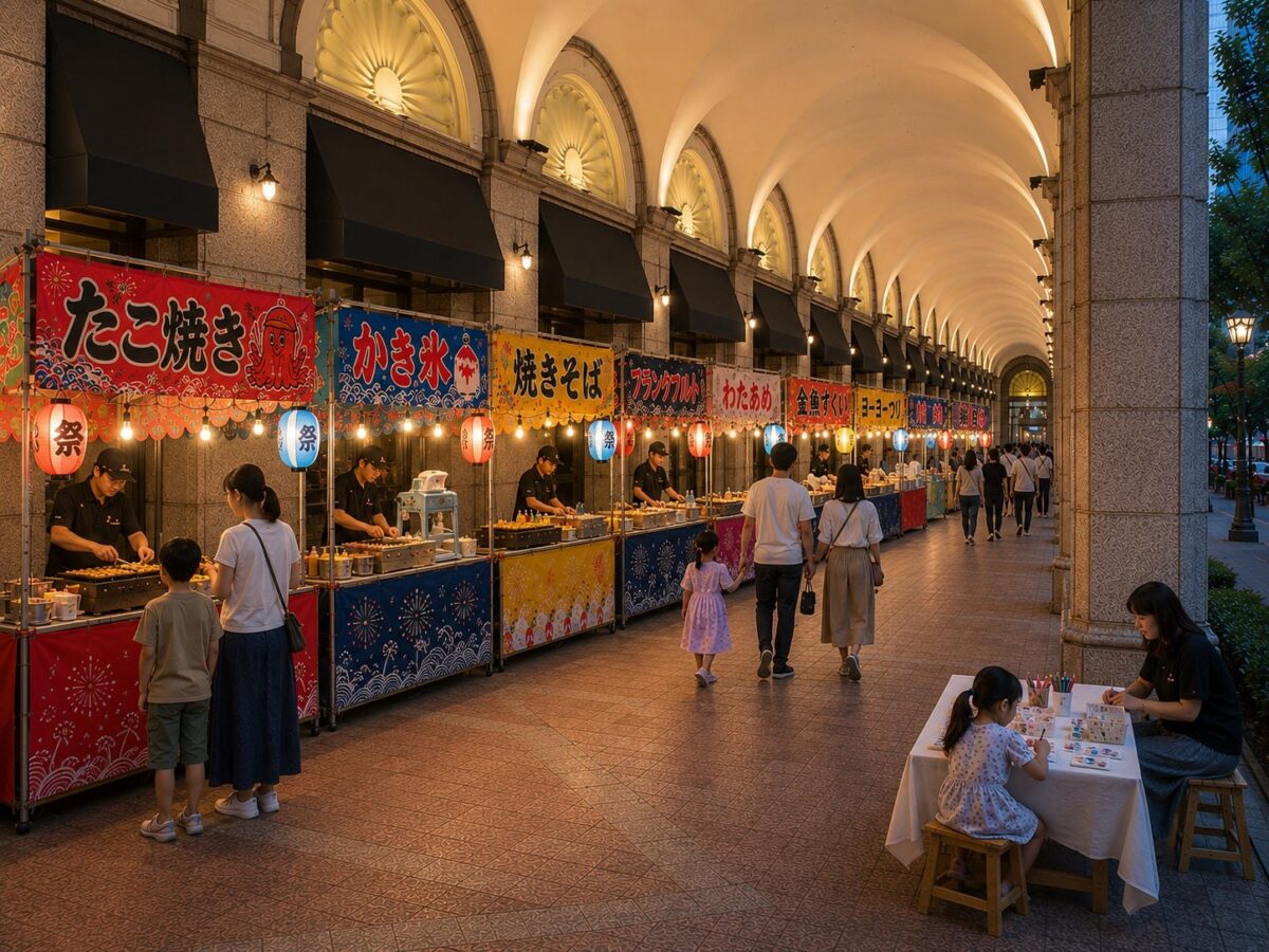 大丸神戸店の外廊に屋台が並ぶ縁日のイメージ