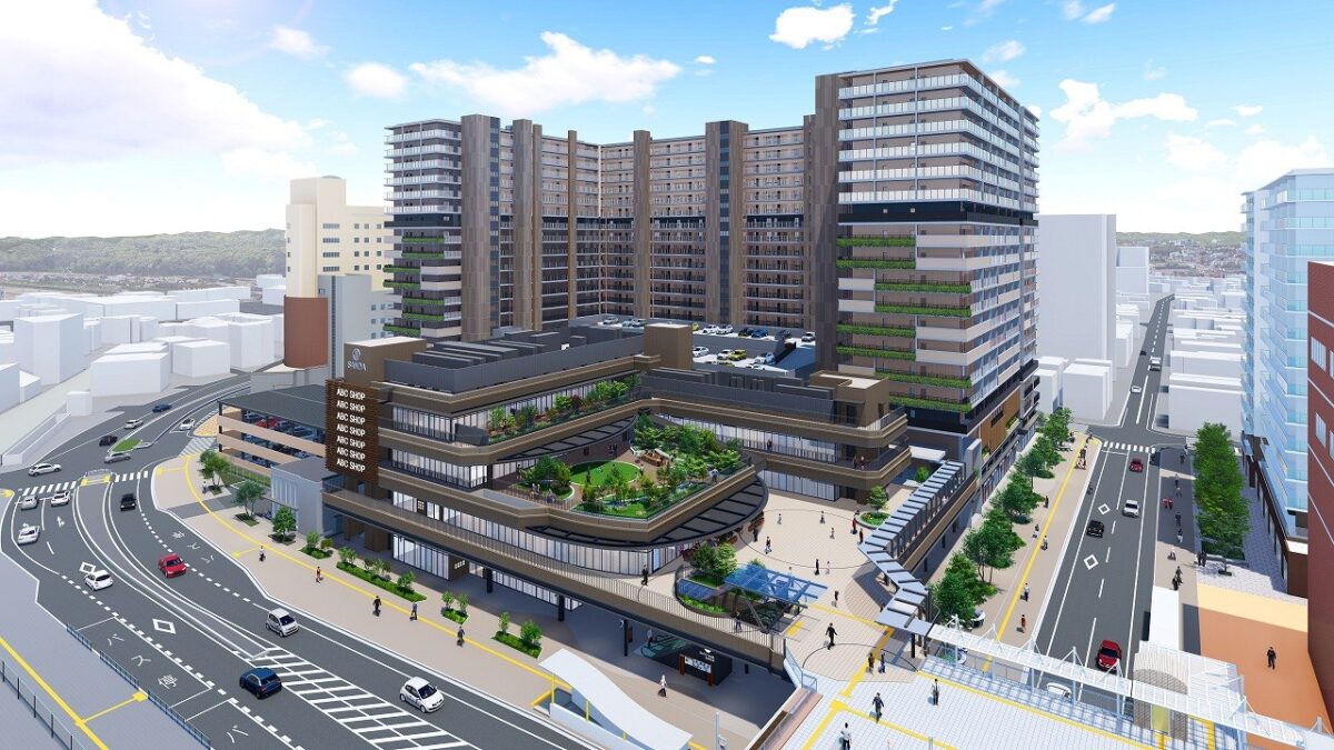 三田駅前に整備される商業棟と住宅棟の外観イメージ