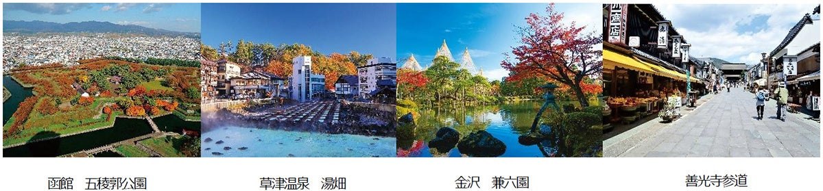 函館の五稜郭公園、草津温泉の湯畑、金沢の兼六園、善光寺参道