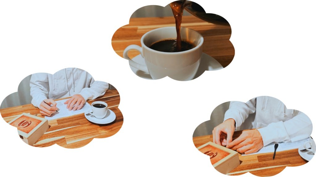 コーヒーを飲みながら謎解きに取り組む様子