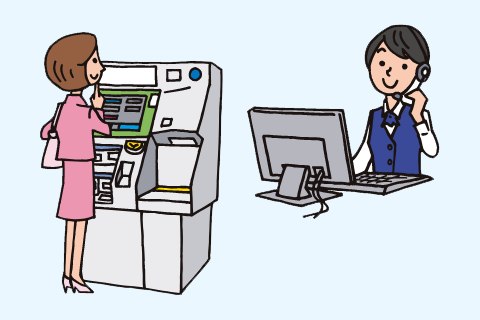 券売機を操作する人と電話で応対するオペレーターのイラスト