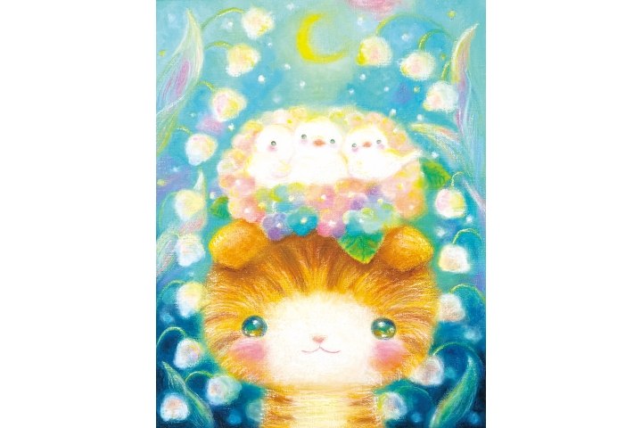 すずらんと猫を描いた額装作品