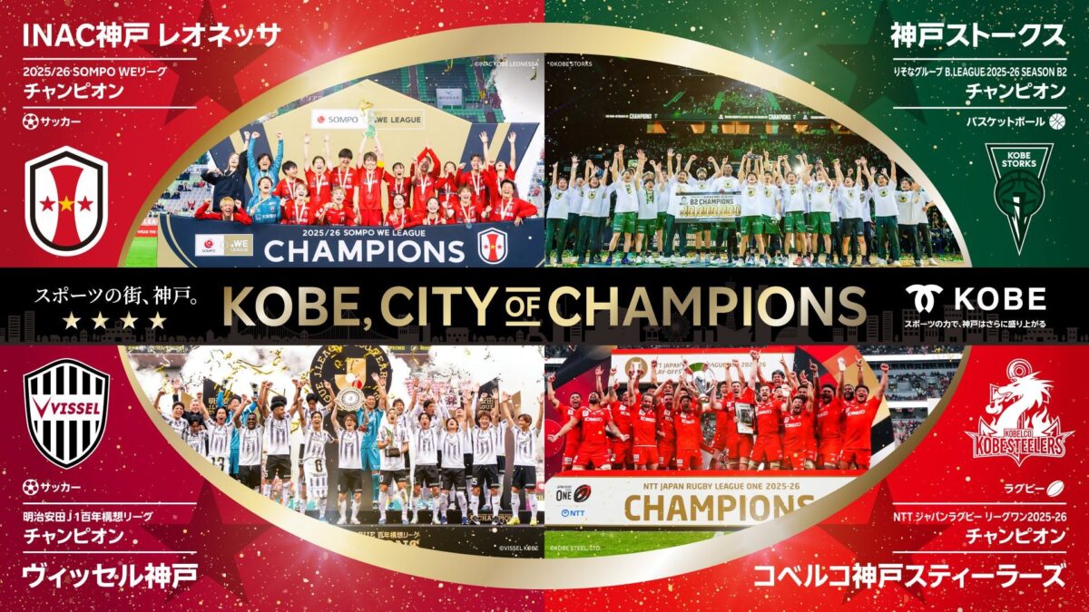 神戸のスポーツ4チームの優勝を紹介するビジュアル