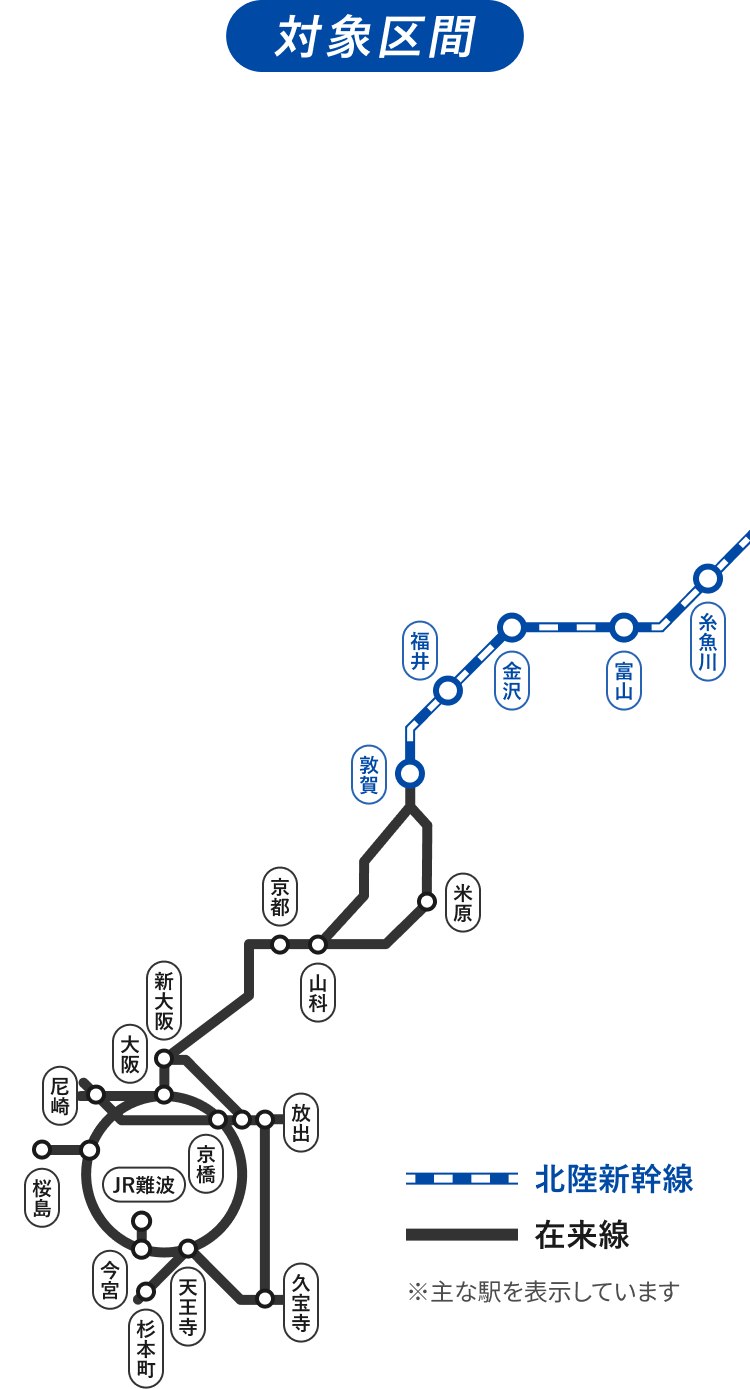 関西・北陸フリーパスの対象区間を示した路線図