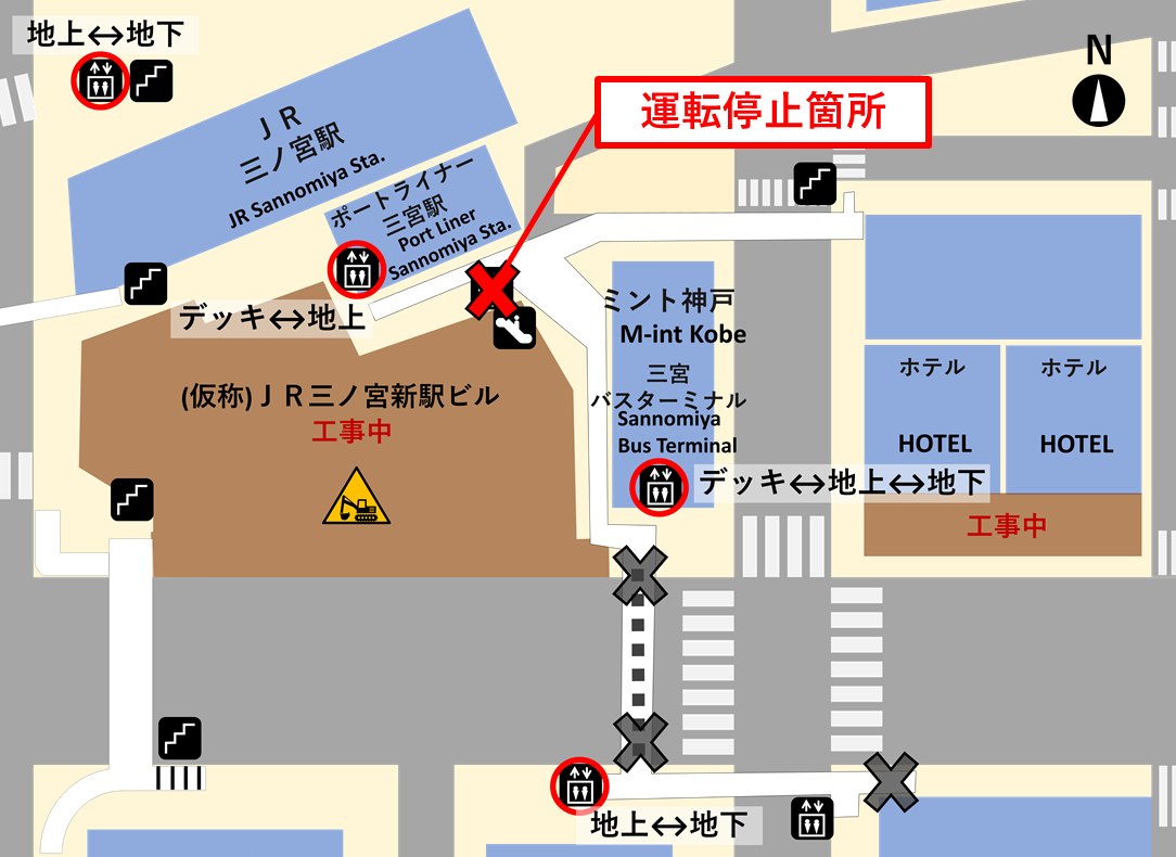運転を停止するエレベーターと迂回エレベーターの位置を示した案内図