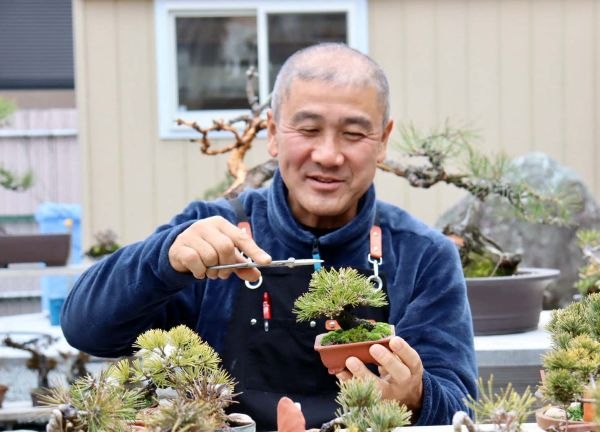 ミニ盆栽の手入れをする亀次郎商店のスタッフ