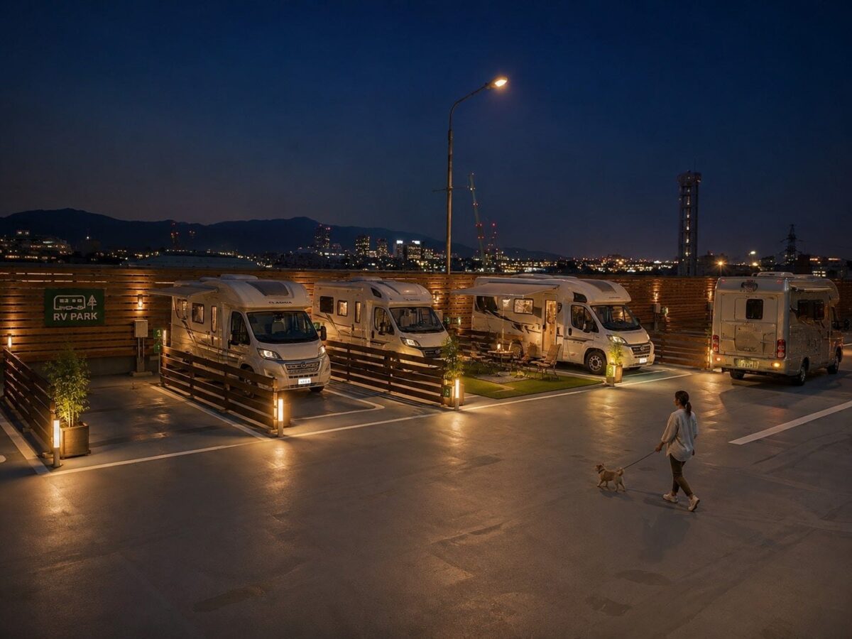 夜景を背にキャンピングカーが並ぶ屋上のRVパーク
