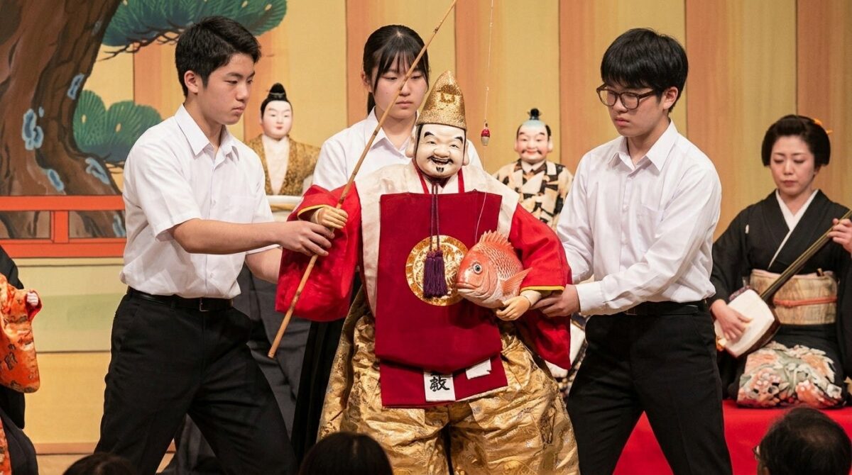 淡路人形浄瑠璃「戎舞」を演じる淡路三原高校郷土部