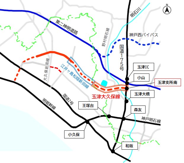 玉津大久保線と江井ヶ島松陰新田線の位置図