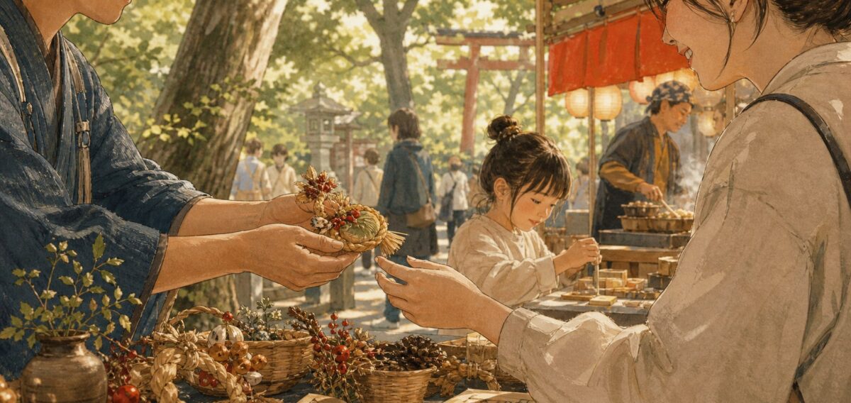 長田神社の境内に並ぶマルシェの店先で作品を受け取る親子
