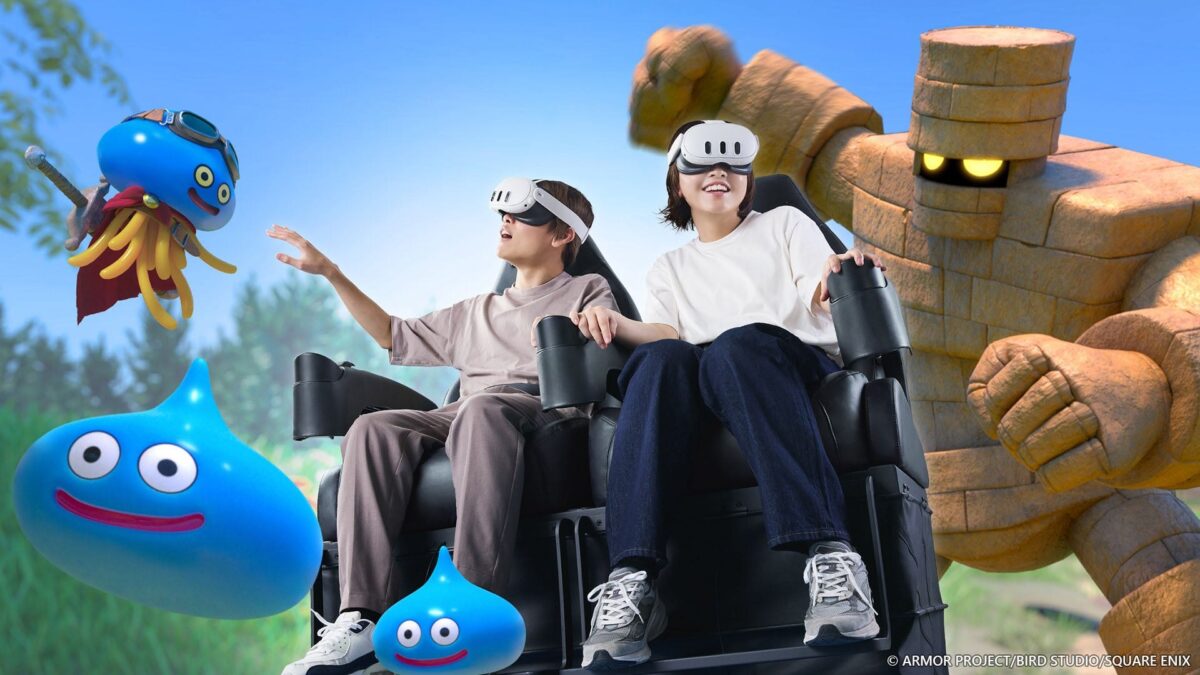 VRヘッドセットとモーションシートでドラゴンクエストVR RIDEを体験するイメージ