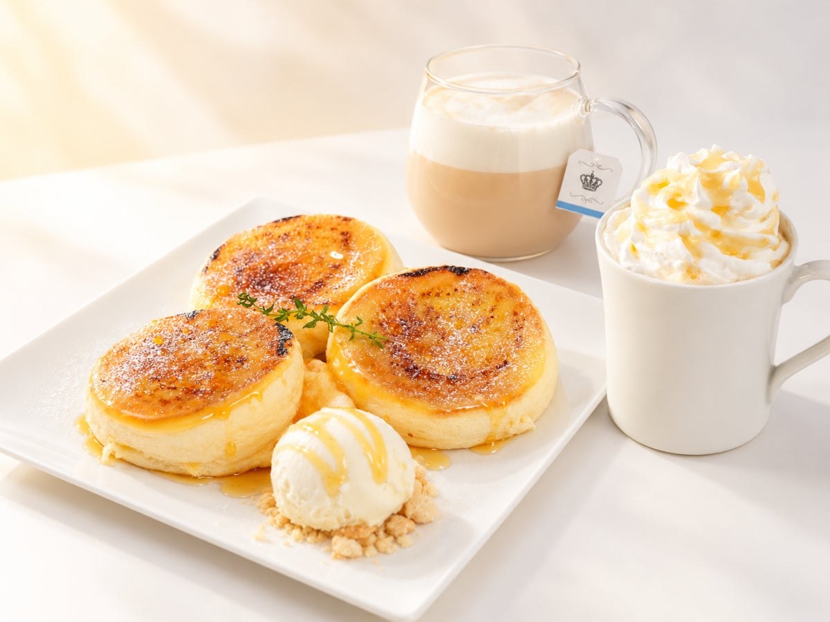はちみつフェアのスフレパンケーキとドリンク